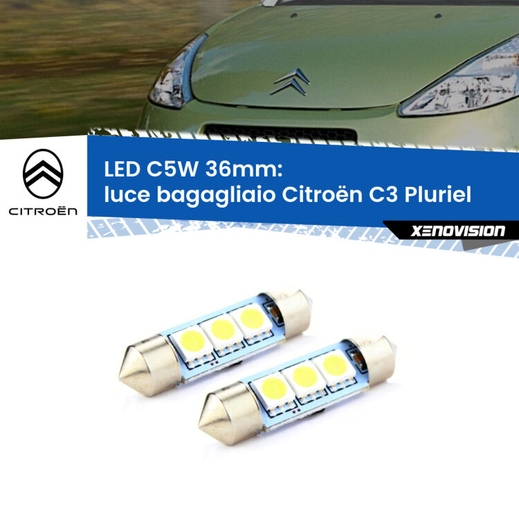 0 Luce Bagagliaio LED c5w 36mm Citroën C3 Pluriel 2003 - 2010 (Coppia) <strong>Luce Bagagliaio LED per Citroën C3 Pluriel</strong> 2003 - 2010. Coppia lampade <strong>C5W</strong> 36mm estremamente longeve.