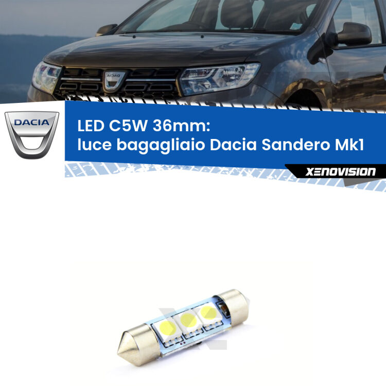 LED Luce Bagagliaio Dacia Sandero Mk1 2008 - 2012. Una lampadina led innesto C5W 36mm canbus estremamente longeva.