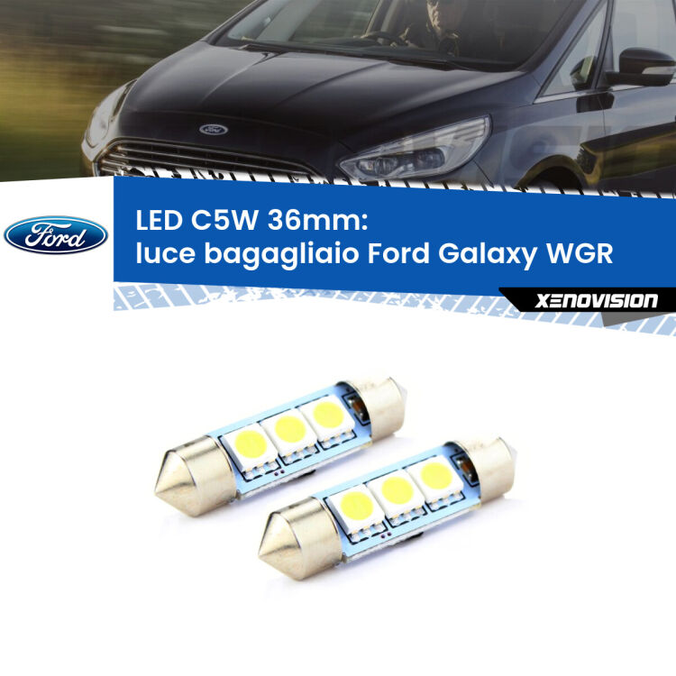 0 Luce Bagagliaio LED c5w 36mm Ford Galaxy WGR 1995 - 2006 (Coppia) <strong>Luce Bagagliaio LED per Ford Galaxy</strong> WGR 1995 - 2006. Coppia lampade <strong>C5W</strong> 36mm estremamente longeve.