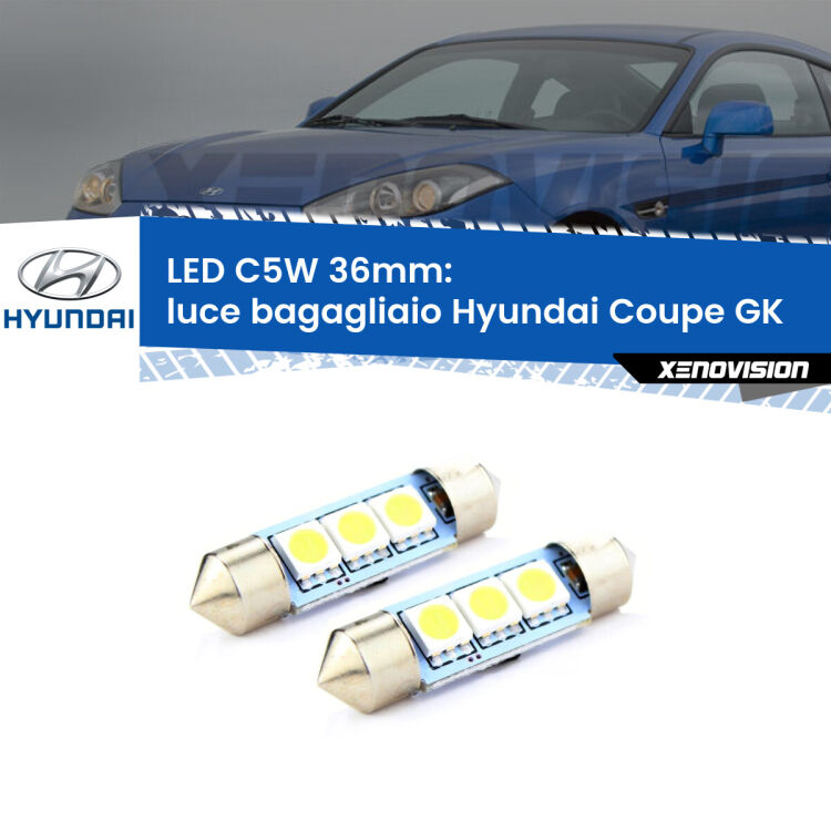 0 Luce Bagagliaio LED c5w 36mm Hyundai Coupe GK 2002 - 2009 (Coppia) <strong>Luce Bagagliaio LED per Hyundai Coupe</strong> GK 2002 - 2009. Coppia lampade <strong>C5W</strong> 36mm estremamente longeve.