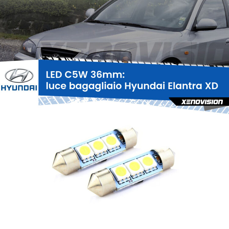 0 Luce Bagagliaio LED c5w 36mm Hyundai Elantra XD 2000 - 2006 (Coppia) <strong>Luce Bagagliaio LED per Hyundai Elantra</strong> XD 2000 - 2006. Coppia lampade <strong>C5W</strong> 36mm estremamente longeve.