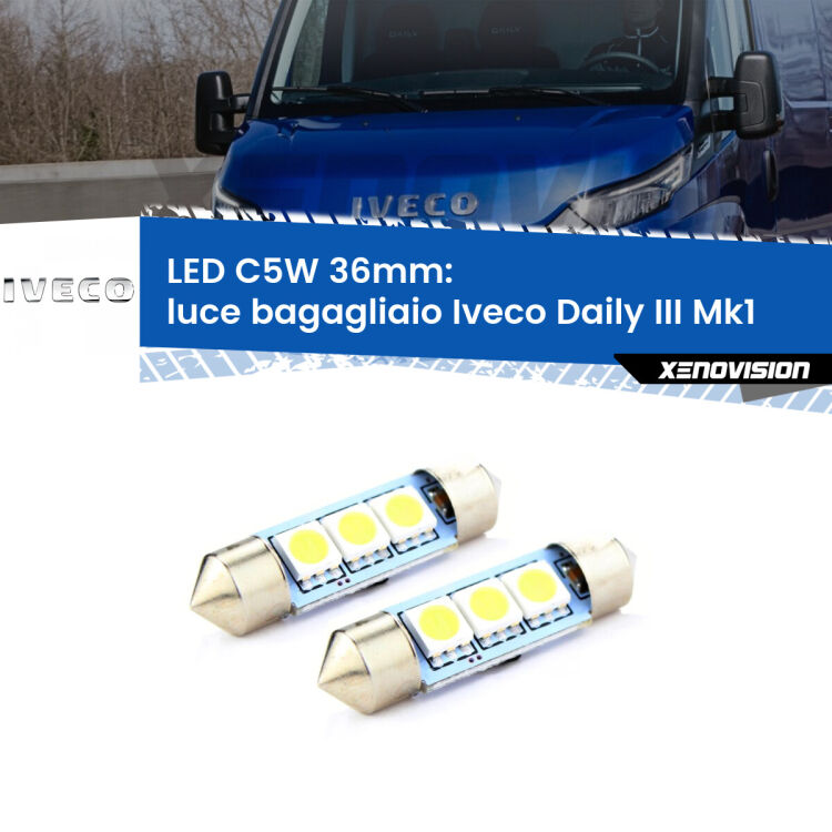 0 Luce Bagagliaio LED c5w 36mm Iveco Daily III Mk1 2014 - 2016 (Coppia) <strong>Luce Bagagliaio LED per Iveco Daily III</strong> Mk1 2014 - 2016. Coppia lampade <strong>C5W</strong> 36mm estremamente longeve.