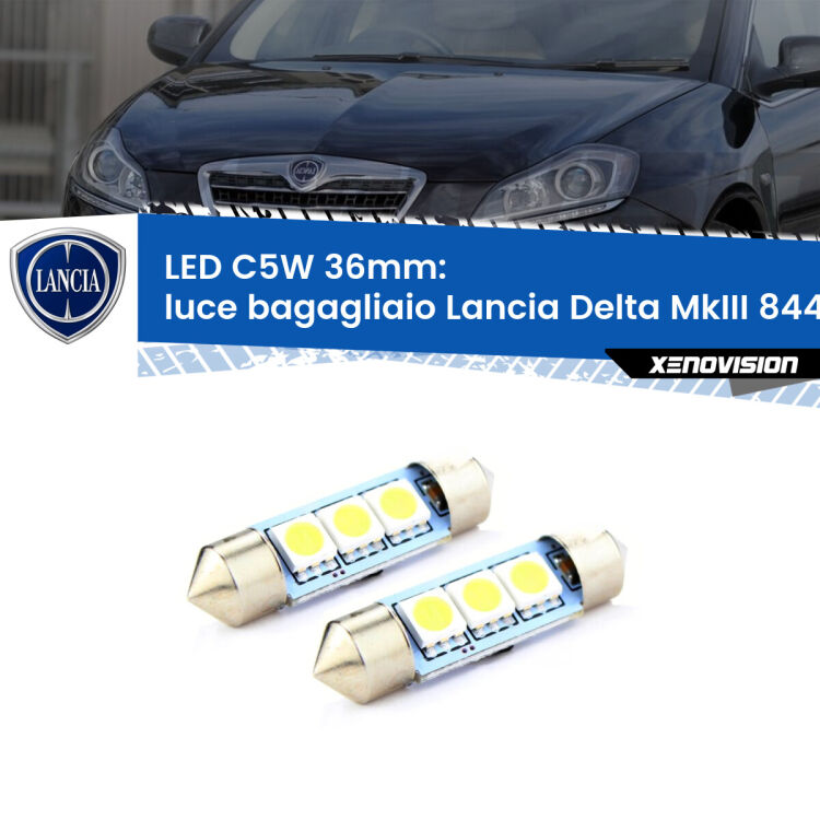 0 Luce Bagagliaio LED c5w 36mm Lancia Delta MkIII 844 2008 - 2014 (Coppia) <strong>Luce Bagagliaio LED per Lancia Delta MkIII</strong> 844 2008 - 2014. Coppia lampade <strong>C5W</strong> 36mm estremamente longeve.