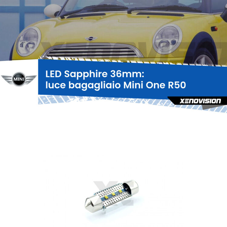 <strong>LED luce bagagliaio 36mm per Mini One</strong> R50 2001 - 2006. Lampade <strong>c5W</strong> modello Sapphire Xenovision con chip led Philips.