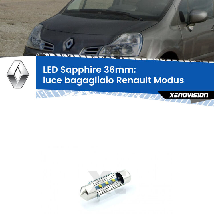 <strong>LED luce bagagliaio 36mm per Renault Modus</strong>  2004 - 2012. Lampade <strong>c5W</strong> modello Sapphire Xenovision con chip led Philips.