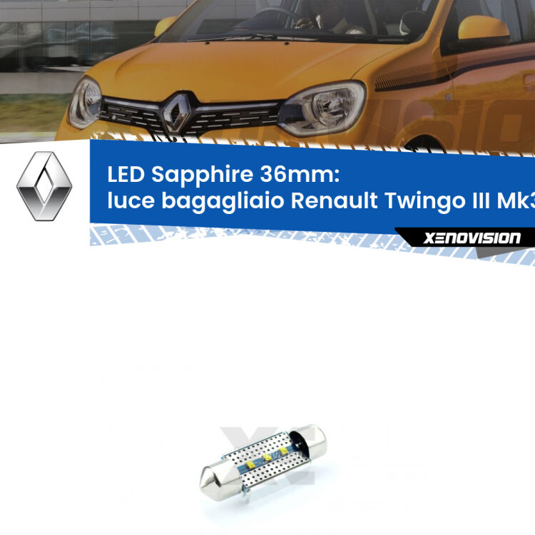<strong>LED luce bagagliaio 36mm per Renault Twingo III</strong> Mk3 2014 - 2021. Lampade <strong>c5W</strong> modello Sapphire Xenovision con chip led Philips.