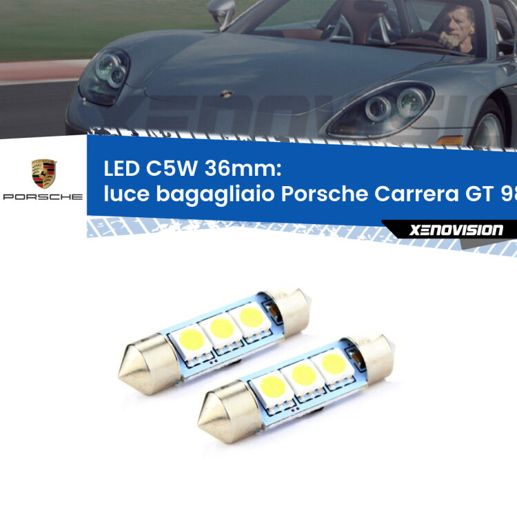 0 Luce Bagagliaio LED c5w 36mm Porsche Carrera GT 980 2003 - 2006 (Coppia) <strong>Luce Bagagliaio LED per Porsche Carrera GT</strong> 980 2003 - 2006. Coppia lampade <strong>C5W</strong> 36mm estremamente longeve.