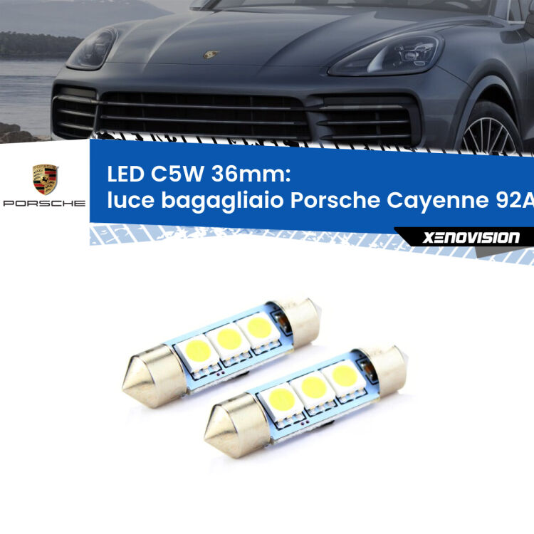 0 Luce Bagagliaio LED c5w 36mm Porsche Cayenne 92A 2010 in poi (Coppia) <strong>Luce Bagagliaio LED per Porsche Cayenne</strong> 92A 2010 in poi. Coppia lampade <strong>C5W</strong> 36mm estremamente longeve.
