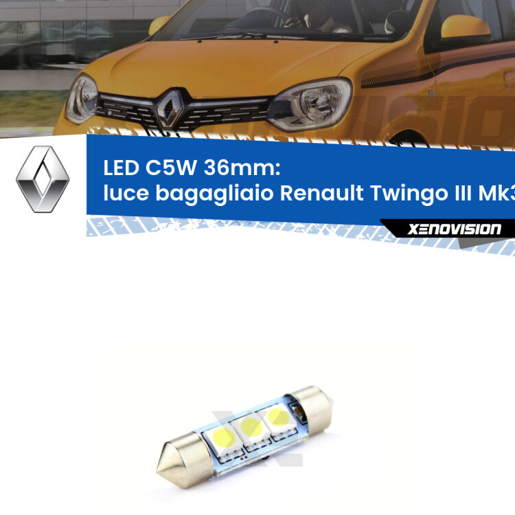 LED Luce Bagagliaio Renault Twingo III Mk3 2014 - 2021. Una lampadina led innesto C5W 36mm canbus estremamente longeva.