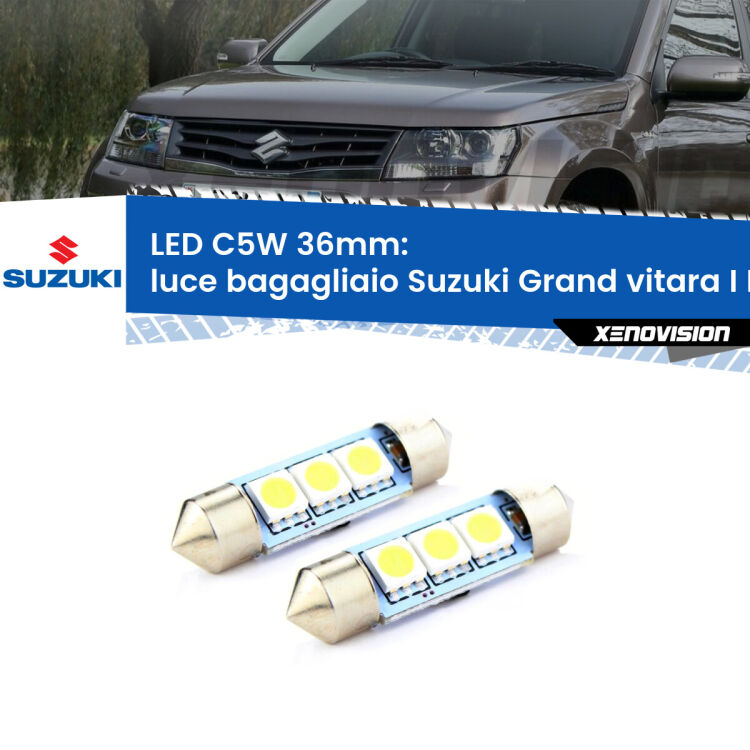 0 Luce Bagagliaio LED c5w 36mm Suzuki Grand vitara I FT, HT 1998 - 2006 (Coppia) <strong>Luce Bagagliaio LED per Suzuki Grand vitara I</strong> FT, HT 1998 - 2006. Coppia lampade <strong>C5W</strong> 36mm estremamente longeve.