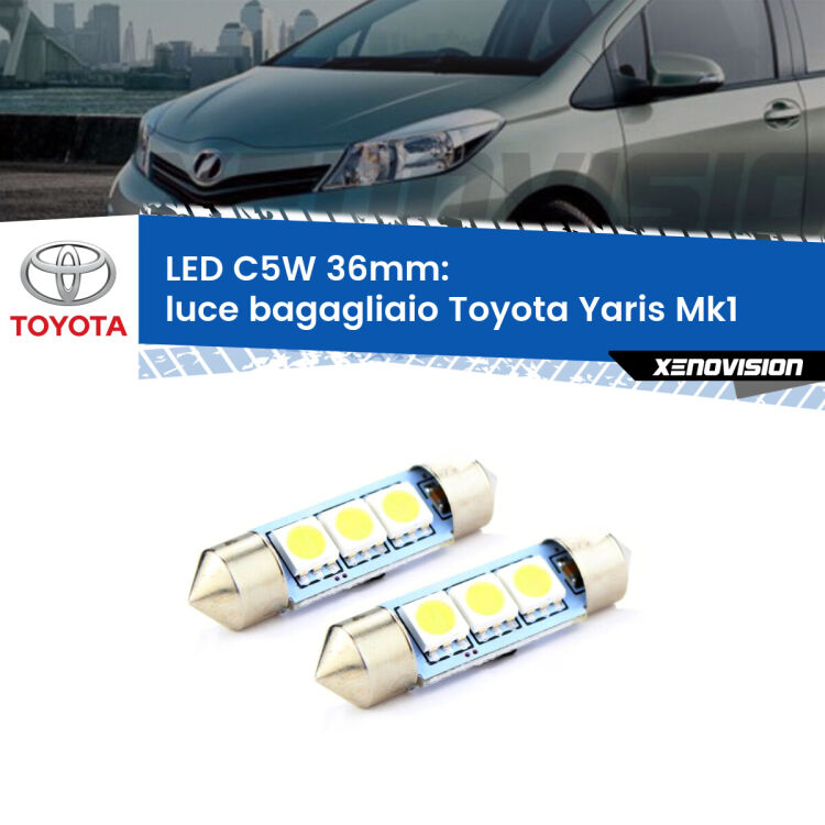 0 Luce Bagagliaio LED c5w 36mm Toyota Yaris Mk1 1999 - 2005 (Coppia) <strong>Luce Bagagliaio LED per Toyota Yaris</strong> Mk1 1999 - 2005. Coppia lampade <strong>C5W</strong> 36mm estremamente longeve.