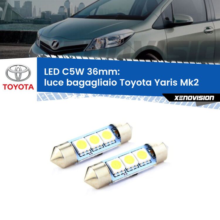 0 Luce Bagagliaio LED c5w 36mm Toyota Yaris Mk2 2005 - 2010 (Coppia) <strong>Luce Bagagliaio LED per Toyota Yaris</strong> Mk2 2005 - 2010. Coppia lampade <strong>C5W</strong> 36mm estremamente longeve.