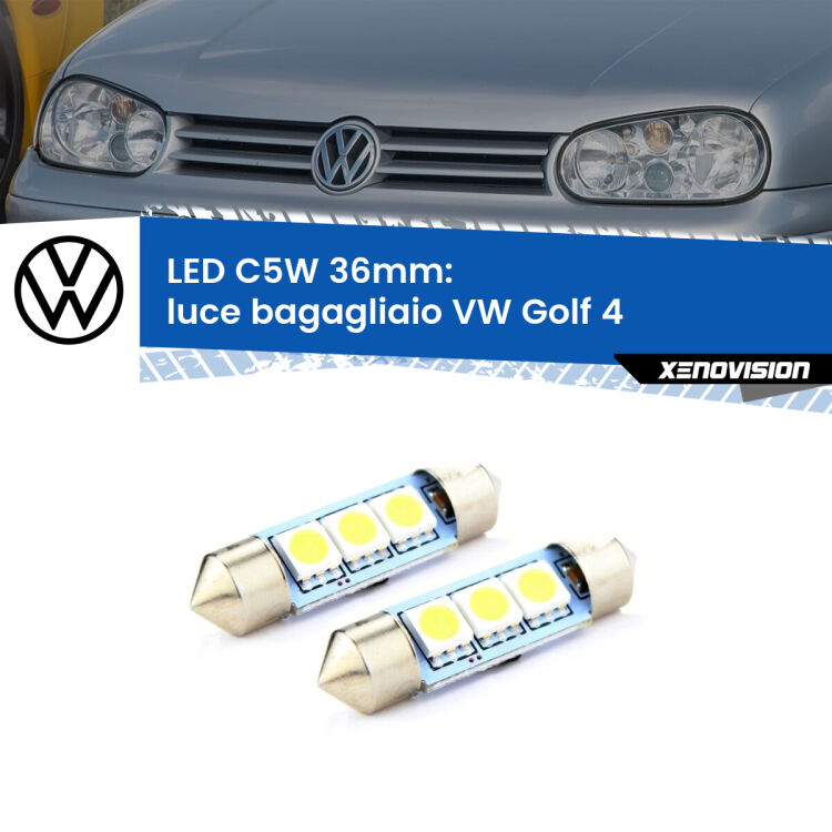 0 Luce Bagagliaio LED c5w 36mm VW Golf 4 Versione 1 (Coppia) <strong>Luce Bagagliaio LED per VW Golf 4</strong> Versione 1. Coppia lampade <strong>C5W</strong> 36mm estremamente longeve.