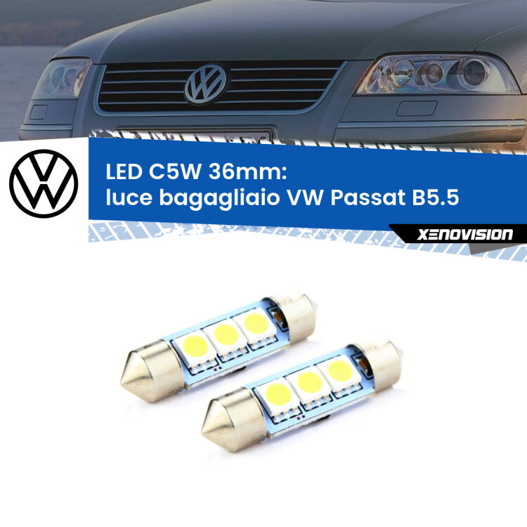 0 Luce Bagagliaio LED c5w 36mm VW Passat B5.5 2000 - 2005 (Coppia) <strong>Luce Bagagliaio LED per VW Passat</strong> B5.5 2000 - 2005. Coppia lampade <strong>C5W</strong> 36mm estremamente longeve.
