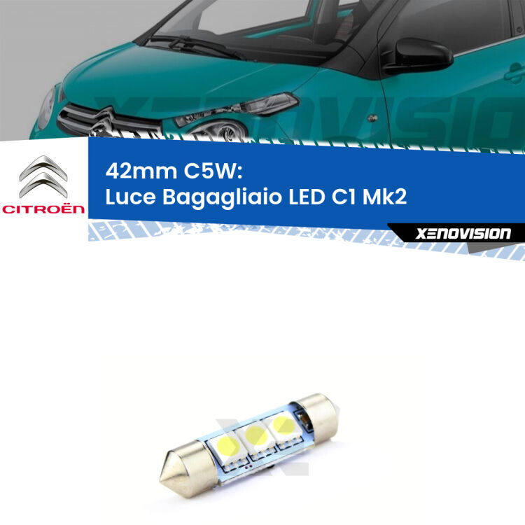 Lampadina eccezionalmente duratura, canbus e luminosa. C5W 42mm perfetto per Luce Bagagliaio LED Citroen C1 (Mk2) 2014 in poi<br />.