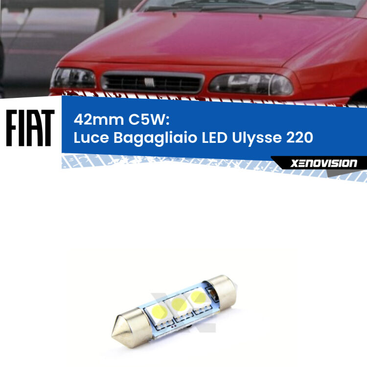0 Luce Bagagliaio LED c5w 41mm Fiat Ulysse 220 1994 - 2002 (Coppia) <strong>Luce Bagagliaio LED per Fiat Ulysse</strong> 220 1994 - 2002. Coppia lampade <strong>C5W</strong> 41mm estremamente longeve.