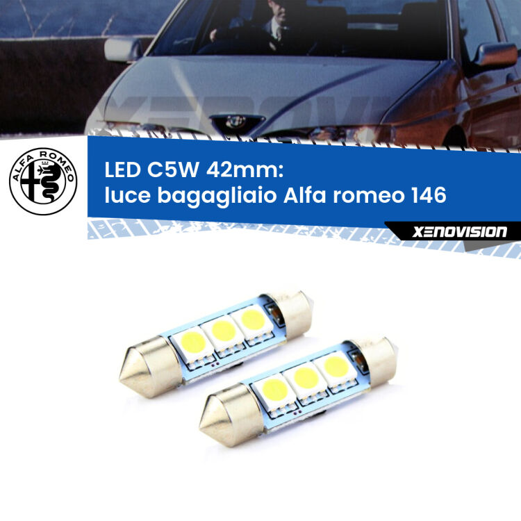 0 Luce Bagagliaio LED c5w 41mm Alfa romeo 146 1994 - 2001 (Coppia) <strong>Luce Bagagliaio LED per Alfa romeo 146</strong> 1994 - 2001. Coppia lampade <strong>C5W</strong> 41mm estremamente longeve.