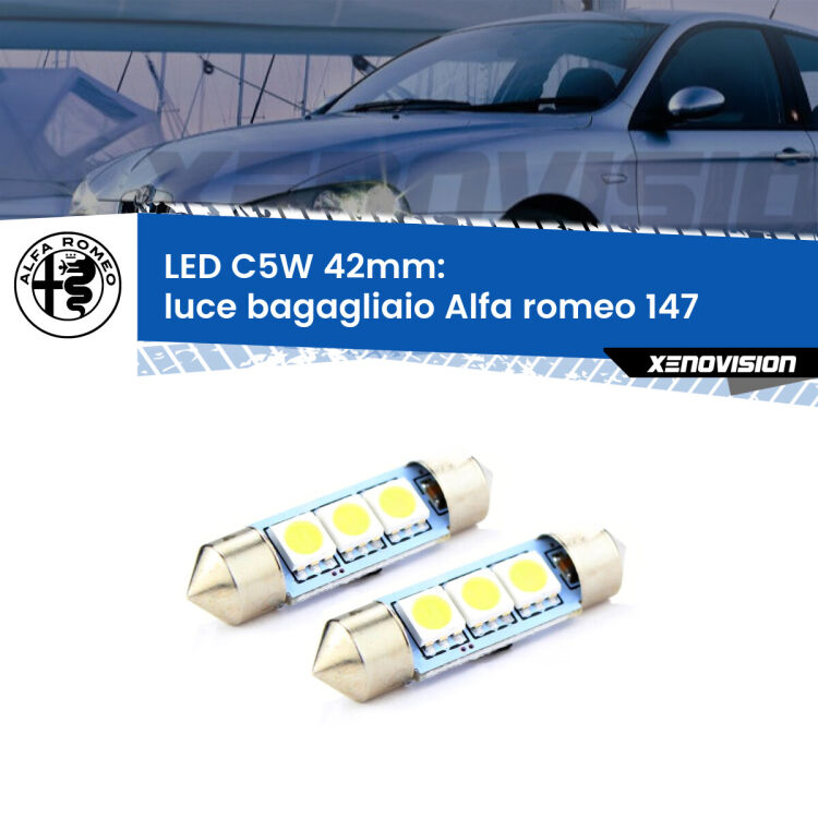 0 Luce Bagagliaio LED c5w 41mm Alfa romeo 147 2000 - 2010 (Coppia) <strong>Luce Bagagliaio LED per Alfa romeo 147</strong> 2000 - 2010. Coppia lampade <strong>C5W</strong> 41mm estremamente longeve.