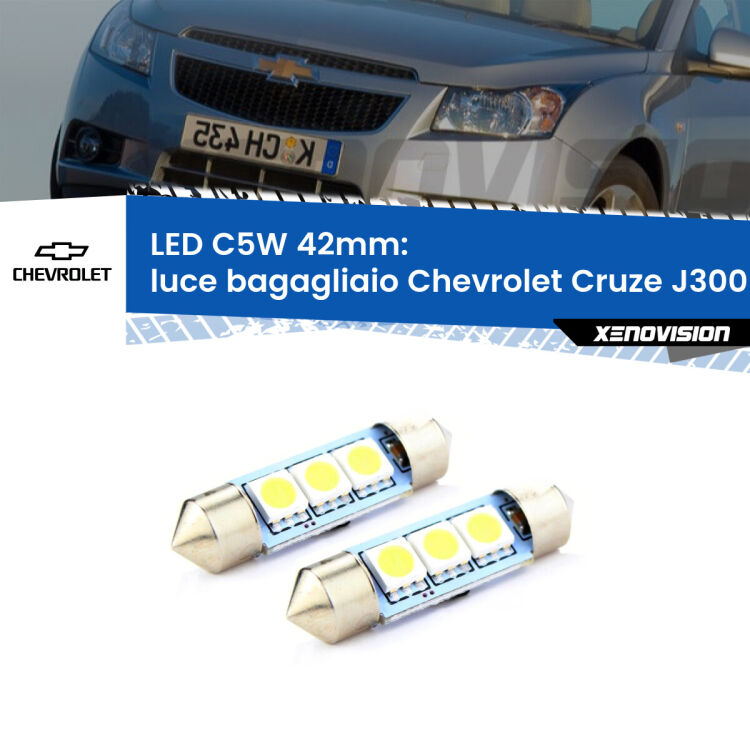 0 Luce Bagagliaio LED c5w 41mm Chevrolet Cruze J300 2009 - 2019 (Coppia) <strong>Luce Bagagliaio LED per Chevrolet Cruze</strong> J300 2009 - 2019. Coppia lampade <strong>C5W</strong> 41mm estremamente longeve.