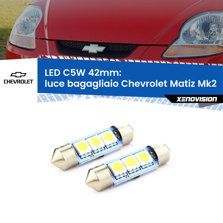 0 Luce Bagagliaio LED c5w 41mm Chevrolet Matiz Mk2 2005 - 2011 (Coppia) <strong>Luce Bagagliaio LED per Chevrolet Matiz</strong> Mk2 2005 - 2011. Coppia lampade <strong>C5W</strong> 41mm estremamente longeve.