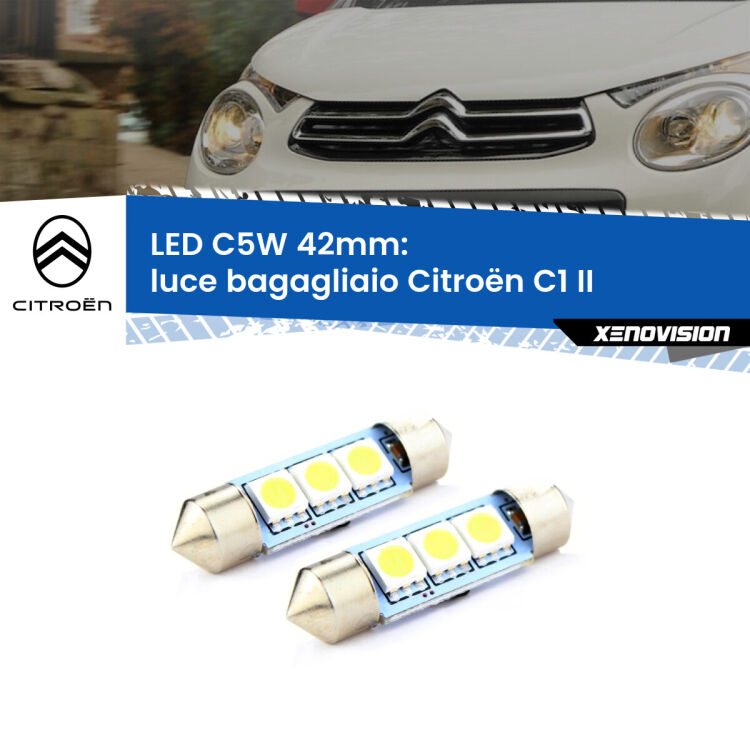 0 Luce Bagagliaio LED c5w 41mm Citroën C1 II 2014 in poi (Coppia) <strong>Luce Bagagliaio LED per Citroën C1</strong> II 2014 in poi. Coppia lampade <strong>C5W</strong> 41mm estremamente longeve.