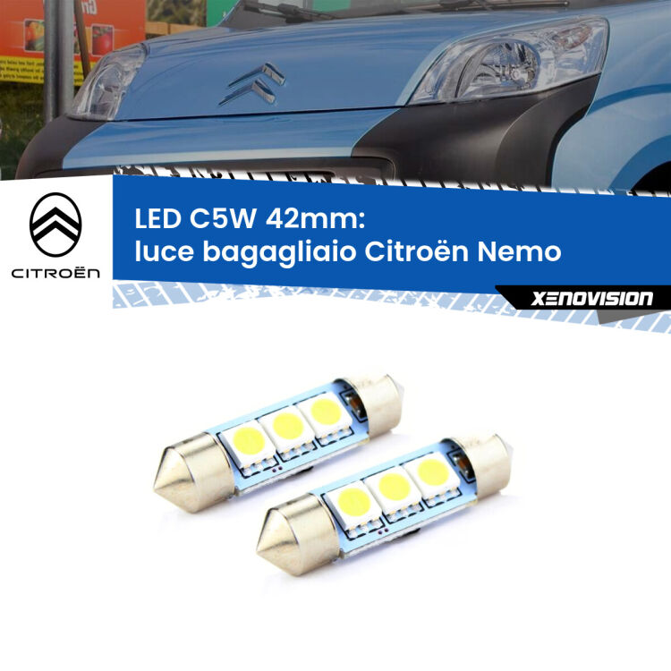 0 Luce Bagagliaio LED c5w 41mm Citroën Nemo 2008 in poi (Coppia) <strong>Luce Bagagliaio LED per Citroën Nemo</strong> 2008 in poi. Coppia lampade <strong>C5W</strong> 41mm estremamente longeve.
