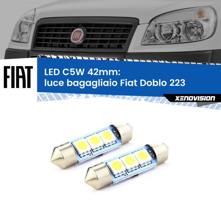0 Luce Bagagliaio LED c5w 41mm Fiat Doblo 223 2000 - 2010 (Coppia) <strong>Luce Bagagliaio LED per Fiat Doblo</strong> 223 2000 - 2010. Coppia lampade <strong>C5W</strong> 41mm estremamente longeve.