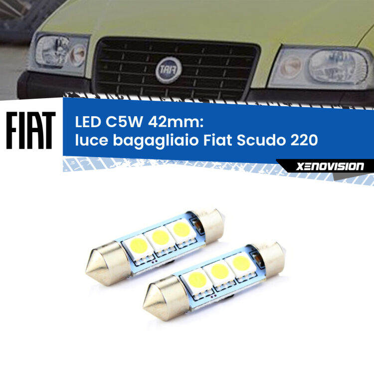 0 Luce Bagagliaio LED c5w 41mm Fiat Scudo 220 1996 - 2006 (Coppia) <strong>Luce Bagagliaio LED per Fiat Scudo</strong> 220 1996 - 2006. Coppia lampade <strong>C5W</strong> 41mm estremamente longeve.
