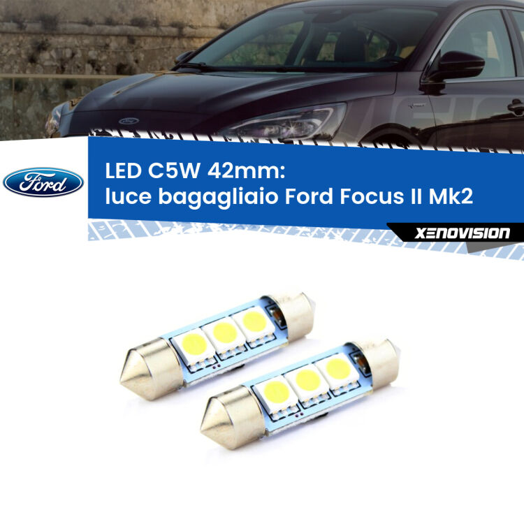 0 Luce Bagagliaio LED c5w 41mm Ford Focus Mk2 2004 - 2011 (Coppia) <strong>Luce Bagagliaio LED per Ford Focus</strong> Mk2 2004 - 2011. Coppia lampade <strong>C5W</strong> 41mm estremamente longeve.