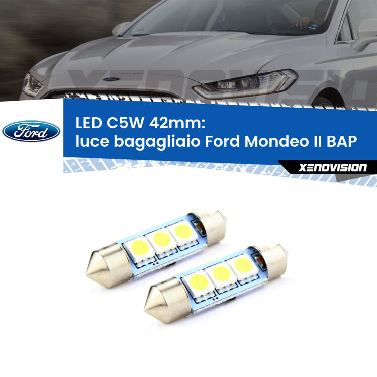 0 Luce Bagagliaio LED c5w 41mm Ford Mondeo II BAP 1996 - 2000 (Coppia) <strong>Luce Bagagliaio LED per Ford Mondeo II</strong> BAP 1996 - 2000. Coppia lampade <strong>C5W</strong> 41mm estremamente longeve.