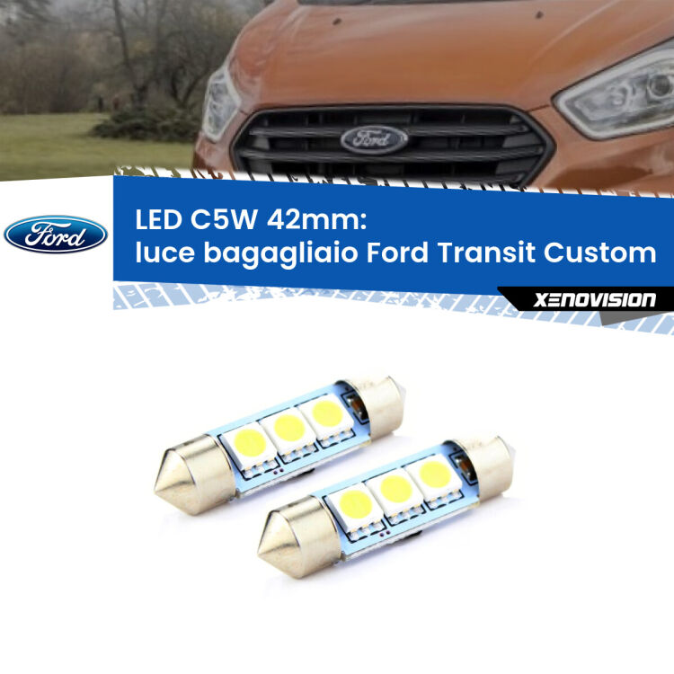 0 Luce Bagagliaio LED c5w 41mm Ford Transit Custom 2012 - 2022 (Coppia) <strong>Luce Bagagliaio LED per Ford Transit Custom</strong> 2012 - 2022. Coppia lampade <strong>C5W</strong> 41mm estremamente longeve.