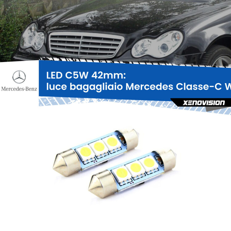 0 Luce Bagagliaio LED c5w 41mm Mercedes Classe-C W203 2000 - 2007 (Coppia) <strong>Luce Bagagliaio LED per Mercedes Classe-C</strong> W203 2000 - 2007. Coppia lampade <strong>C5W</strong> 41mm estremamente longeve.