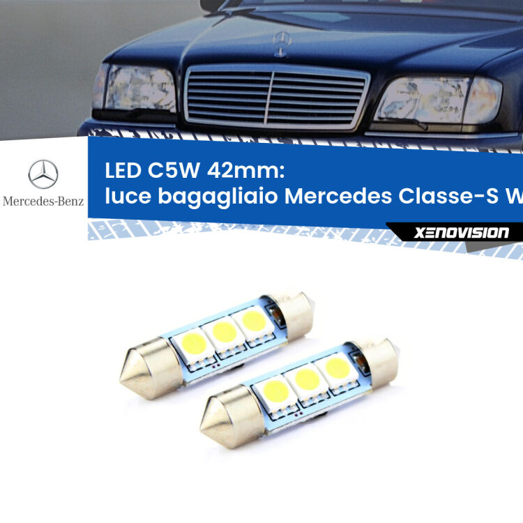 0 Luce Bagagliaio LED c5w 41mm Mercedes Classe-S W140 1995 - 1998 (Coppia) <strong>Luce Bagagliaio LED per Mercedes Classe-S</strong> W140 1995 - 1998. Coppia lampade <strong>C5W</strong> 41mm estremamente longeve.