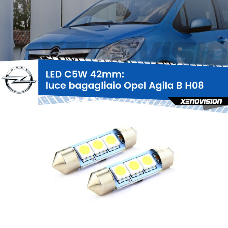 0 Luce Bagagliaio LED c5w 41mm Opel Agila B H08 2008 - 2014 (Coppia) <strong>Luce Bagagliaio LED per Opel Agila B</strong> H08 2008 - 2014. Coppia lampade <strong>C5W</strong> 41mm estremamente longeve.
