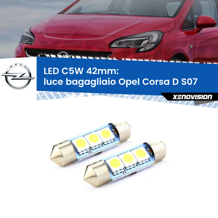 0 Luce Bagagliaio LED c5w 41mm Opel Corsa D S07 2006 - 2014 (Coppia) <strong>Luce Bagagliaio LED per Opel Corsa D</strong> S07 2006 - 2014. Coppia lampade <strong>C5W</strong> 41mm estremamente longeve.