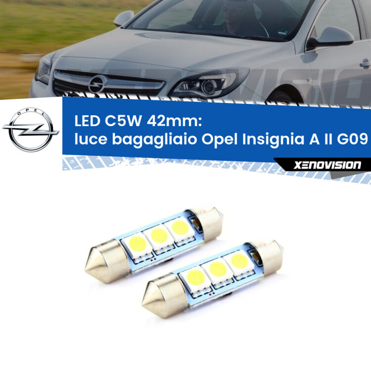0 Luce Bagagliaio LED c5w 41mm Opel Insignia A II G09 2014 - 2017 (Coppia) <strong>Luce Bagagliaio LED per Opel Insignia A II</strong> G09 2014 - 2017. Coppia lampade <strong>C5W</strong> 41mm estremamente longeve.