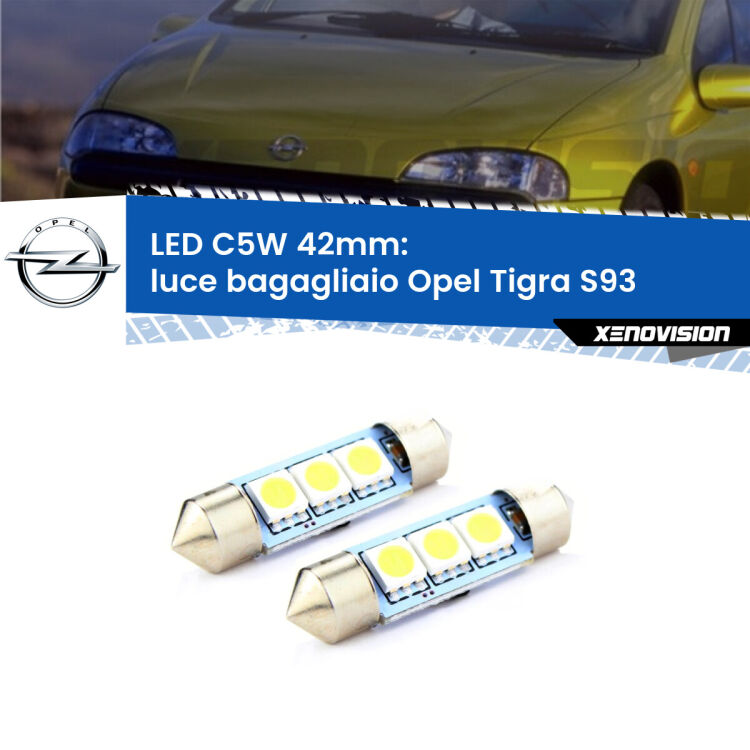 0 Luce Bagagliaio LED c5w 41mm Opel Tigra S93 1994 - 2000 (Coppia) <strong>Luce Bagagliaio LED per Opel Tigra</strong> S93 1994 - 2000. Coppia lampade <strong>C5W</strong> 41mm estremamente longeve.