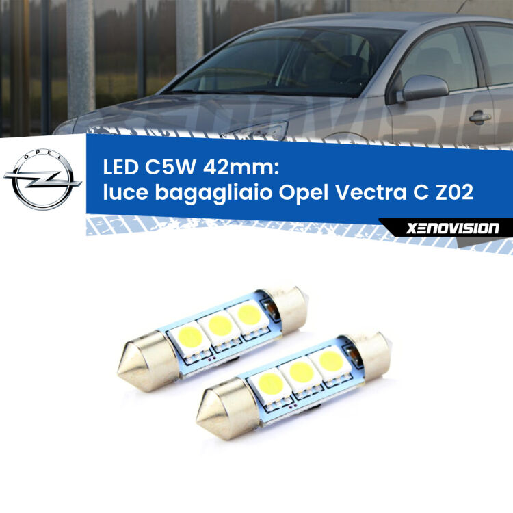 0 Luce Bagagliaio LED c5w 41mm Opel Vectra C Z02 2002 - 2010 (Coppia) <strong>Luce Bagagliaio LED per Opel Vectra C</strong> Z02 2002 - 2010. Coppia lampade <strong>C5W</strong> 41mm estremamente longeve.