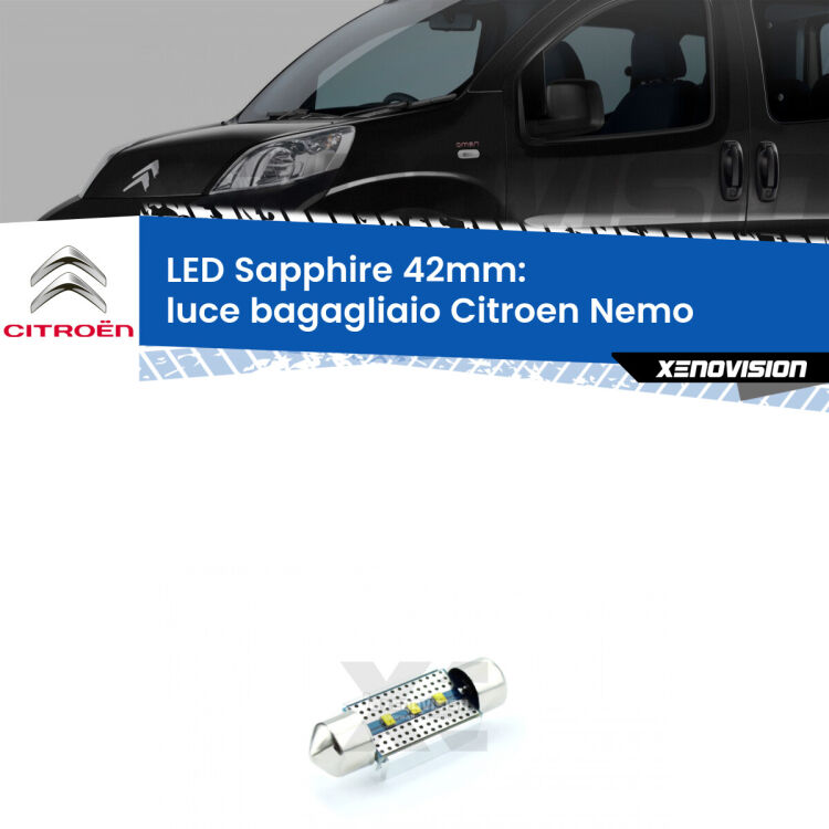 <strong>LED luce bagagliaio 42mm per Citroen Nemo</strong>  2008 in poi. Lampade <strong>c5W</strong> modello Sapphire Xenovision con chip led Philips.
