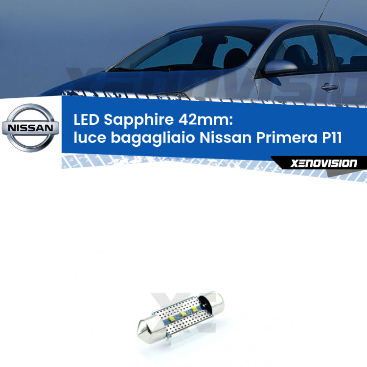 <strong>LED luce bagagliaio 42mm per Nissan Primera</strong> P11 1996 - 2001. Lampade <strong>c5W</strong> modello Sapphire Xenovision con chip led Philips.