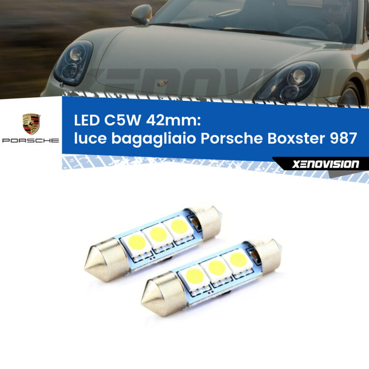 0 Luce Bagagliaio LED c5w 41mm Porsche Boxster 987 2004 - 2012 (Coppia) <strong>Luce Bagagliaio LED per Porsche Boxster</strong> 987 2004 - 2012. Coppia lampade <strong>C5W</strong> 41mm estremamente longeve.