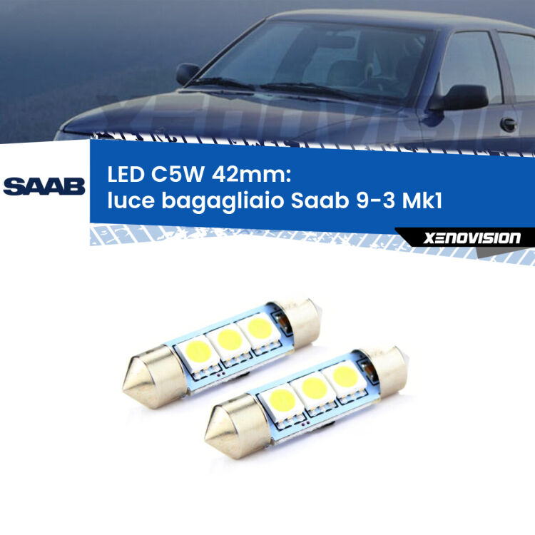 0 Luce Bagagliaio LED c5w 41mm Saab 9-3 Mk1 1998 - 2002 (Coppia) <strong>Luce Bagagliaio LED per Saab 9-3</strong> Mk1 1998 - 2002. Coppia lampade <strong>C5W</strong> 41mm estremamente longeve.