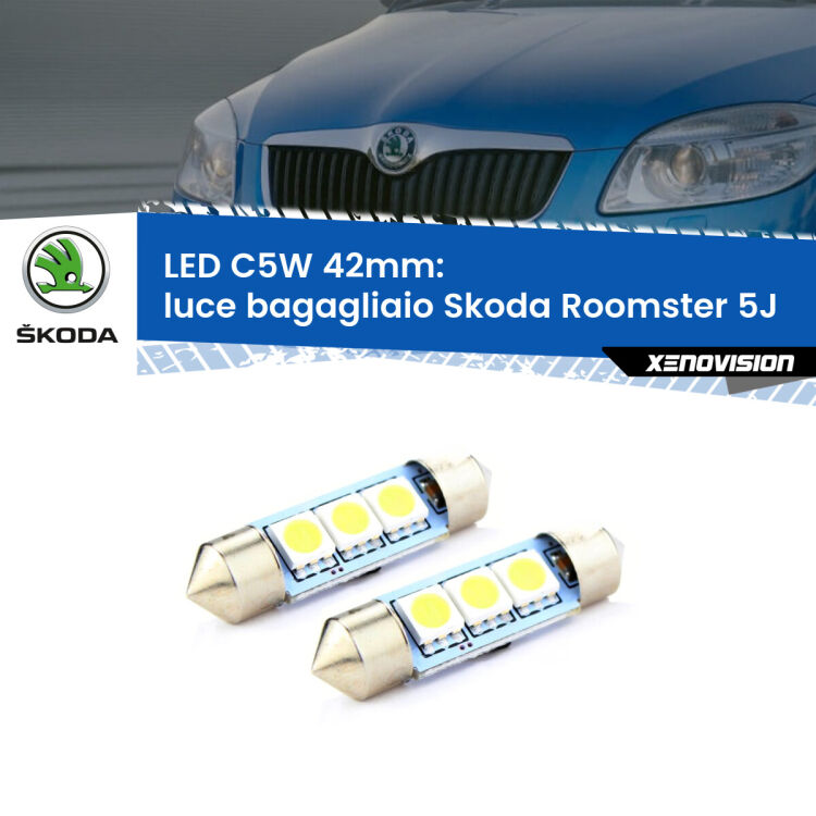 0 Luce Bagagliaio LED c5w 41mm Skoda Roomster 5J 2006 - 2015 (Coppia) <strong>Luce Bagagliaio LED per Skoda Roomster</strong> 5J 2006 - 2015. Coppia lampade <strong>C5W</strong> 41mm estremamente longeve.