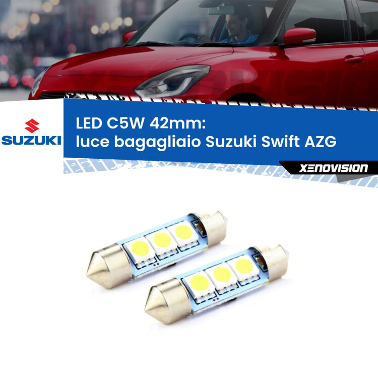 0 Luce Bagagliaio LED c5w 41mm Suzuki Swift AZG 2010 - 2016 (Coppia) <strong>Luce Bagagliaio LED per Suzuki Swift</strong> AZG 2010 - 2016. Coppia lampade <strong>C5W</strong> 41mm estremamente longeve.