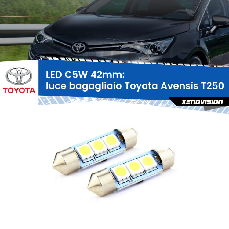 0 Luce Bagagliaio LED c5w 41mm Toyota Avensis T250 2003 - 2008 (Coppia) <strong>Luce Bagagliaio LED per Toyota Avensis</strong> T250 2003 - 2008. Coppia lampade <strong>C5W</strong> 41mm estremamente longeve.