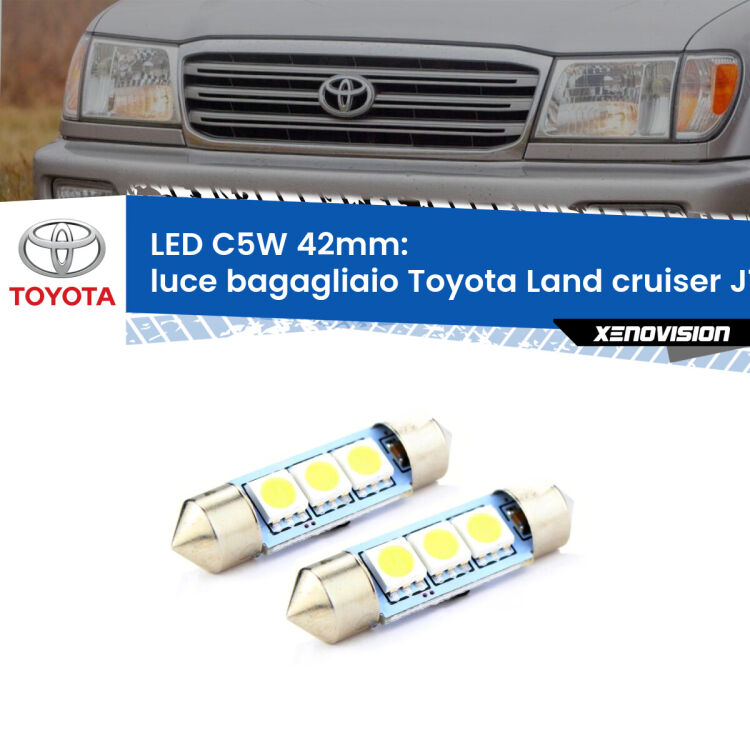 0 Luce Bagagliaio LED c5w 41mm Toyota Land cruiser J100 1998 - 2007 (Coppia) <strong>Luce Bagagliaio LED per Toyota Land cruiser</strong> J100 1998 - 2007. Coppia lampade <strong>C5W</strong> 41mm estremamente longeve.