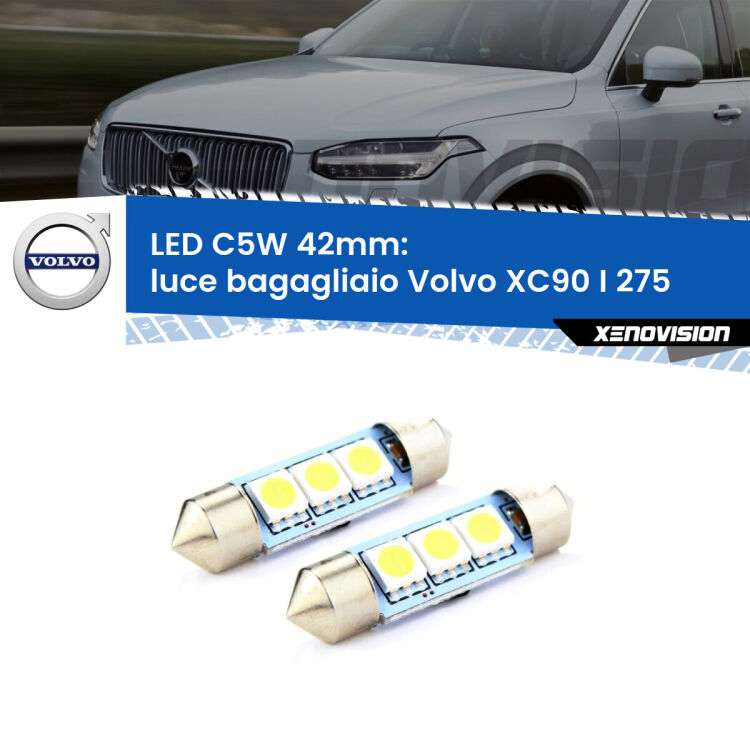 0 Luce Bagagliaio LED c5w 41mm Volvo XC90 I 275 2002 - 2014 (Coppia) <strong>Luce Bagagliaio LED per Volvo XC90 I</strong> 275 2002 - 2014. Coppia lampade <strong>C5W</strong> 41mm estremamente longeve.