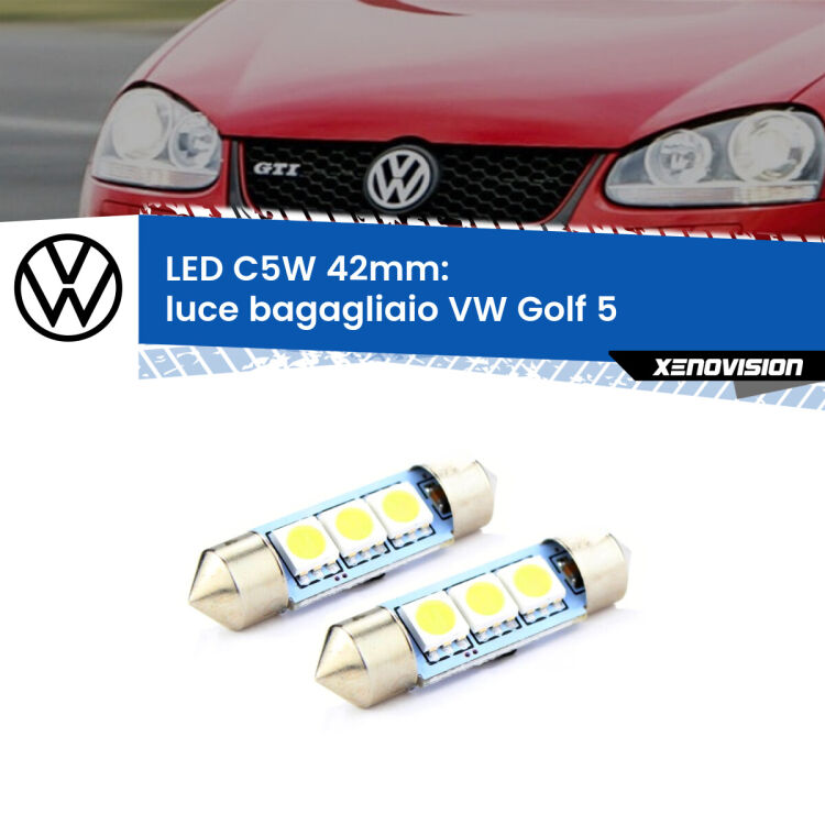 0 Luce Bagagliaio LED c5w 41mm VW Golf 5  2003 - 2009 (Coppia) <strong>Luce Bagagliaio LED per VW Golf 5</strong>  2003 - 2009. Coppia lampade <strong>C5W</strong> 41mm estremamente longeve.
