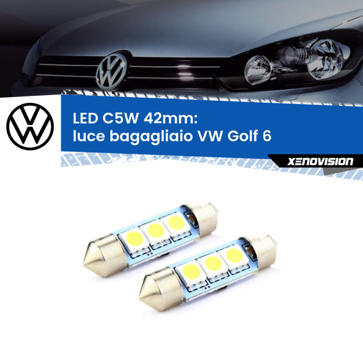 0 Luce Bagagliaio LED c5w 41mm VW Golf 6 2008 - 2011 (Coppia) <strong>Luce Bagagliaio LED per VW Golf 6</strong> 2008 - 2011. Coppia lampade <strong>C5W</strong> 41mm estremamente longeve.