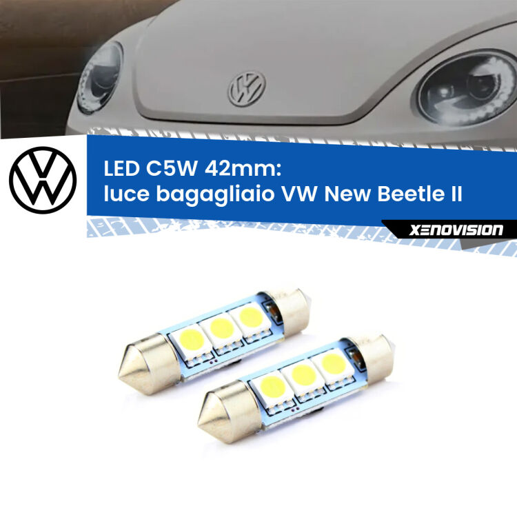 0 Luce Bagagliaio LED c5w 41mm VW New Beetle II 2011 - 2019 (Coppia) <strong>Luce Bagagliaio LED per VW New Beetle</strong> II 2011 - 2019. Coppia lampade <strong>C5W</strong> 41mm estremamente longeve.